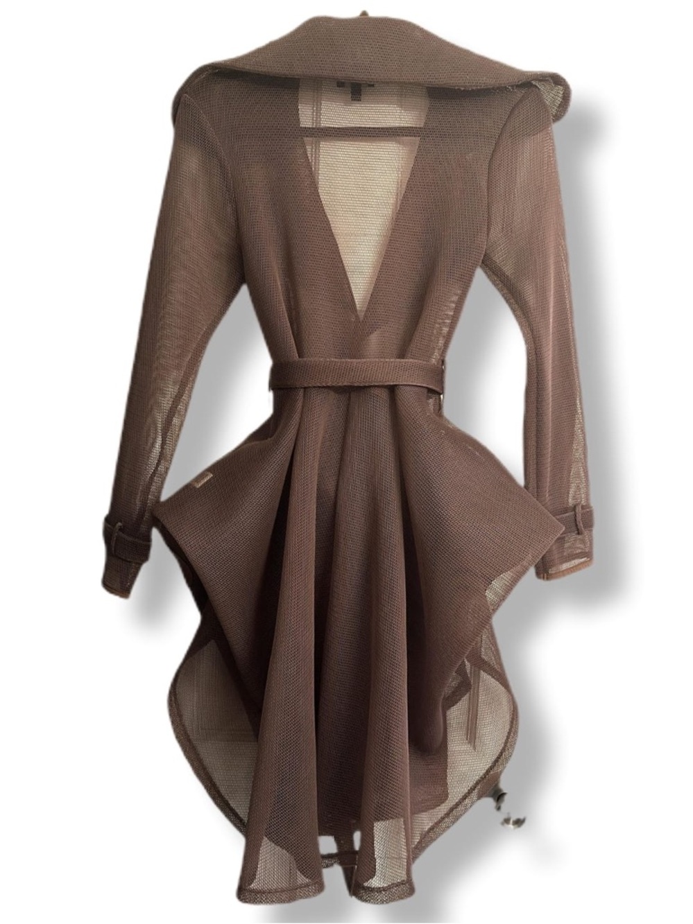Brown Mesh Trench Coat – Belted Open Front Stretch | Women's Size: Medium - Picture 5 of 16